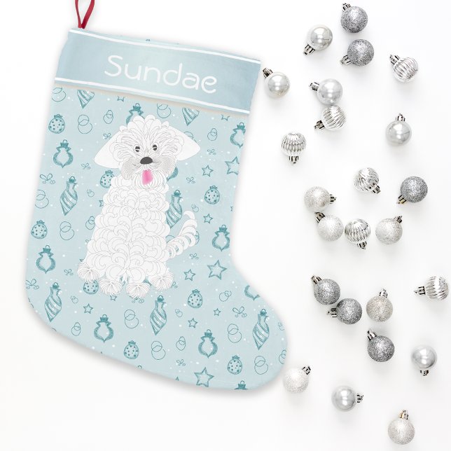 Teal Hand Drawn Bauble Maltese Dog•Custom Small Christmas Stocking (Creator Uploaded)