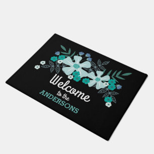 Teal Hand Drawn Flowers, Personalised Doormat
