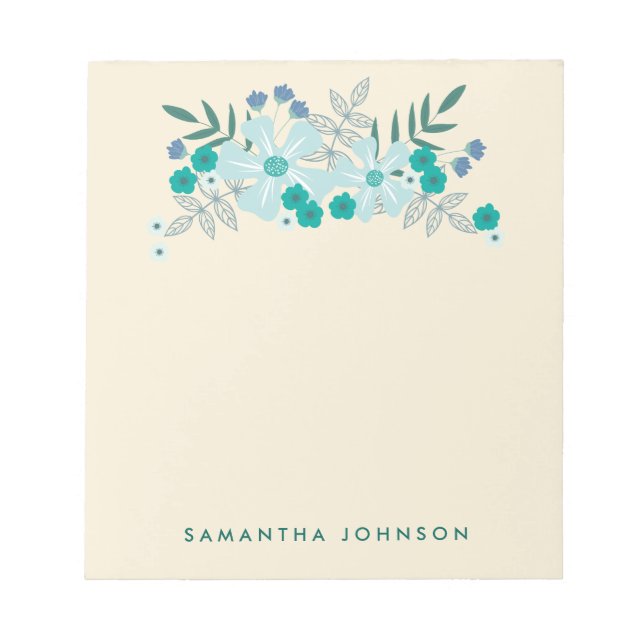 Teal Hand Drawn Flowers, Personalised Notepad (Front)