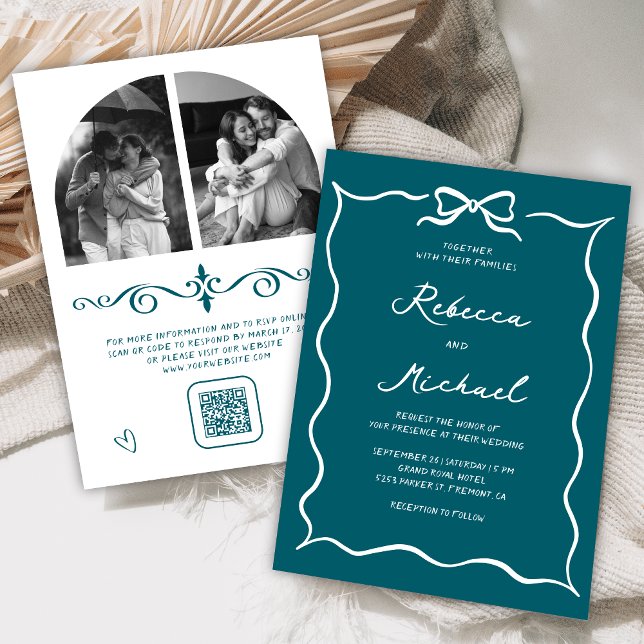 Teal Hand Drawn White Bow QR Code Photo Wedding Invitation (Creator Uploaded)