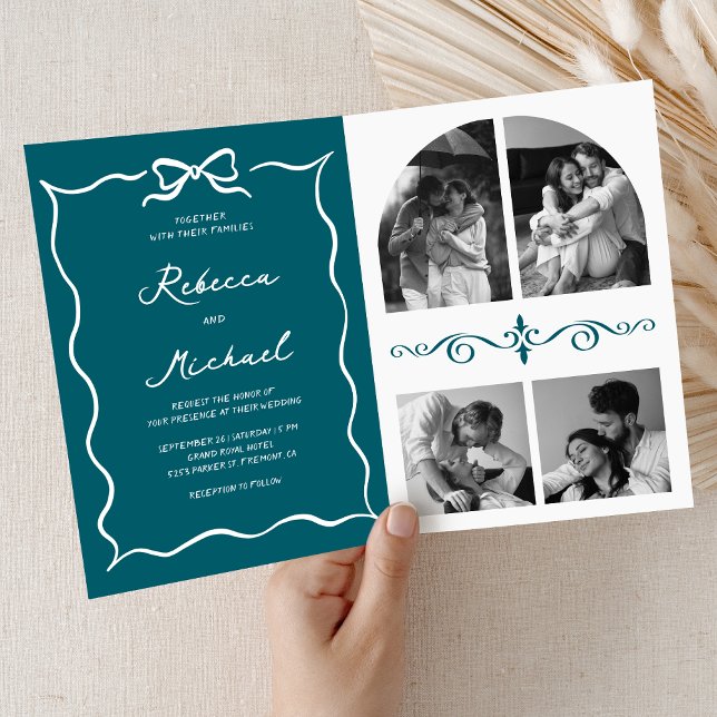 Teal Hand Drawn White Bow QR Code Photo Wedding Invitation (Creator Uploaded)