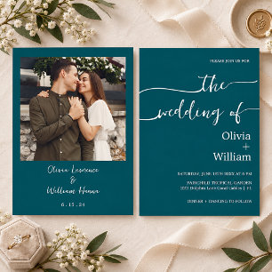 Teal Handwritten Script Photo Wedding Invitation