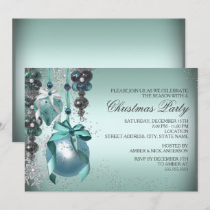 Teal Hanging Ornaments Christmas Party Invite