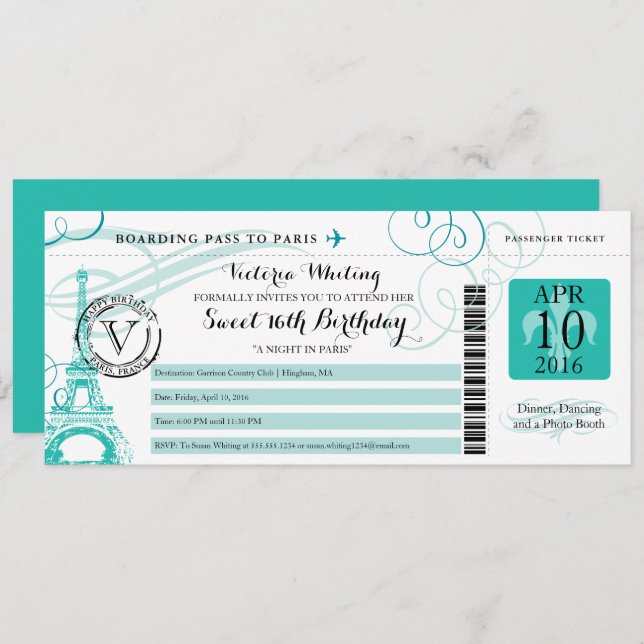 Teal Happy Birthday Boarding Pass to Paris France Invitation (Front/Back)