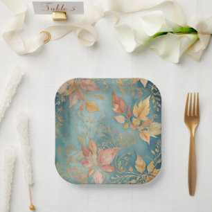 Teal Harmony Elegant Golden Leaves Tendril Vintage Paper Plate