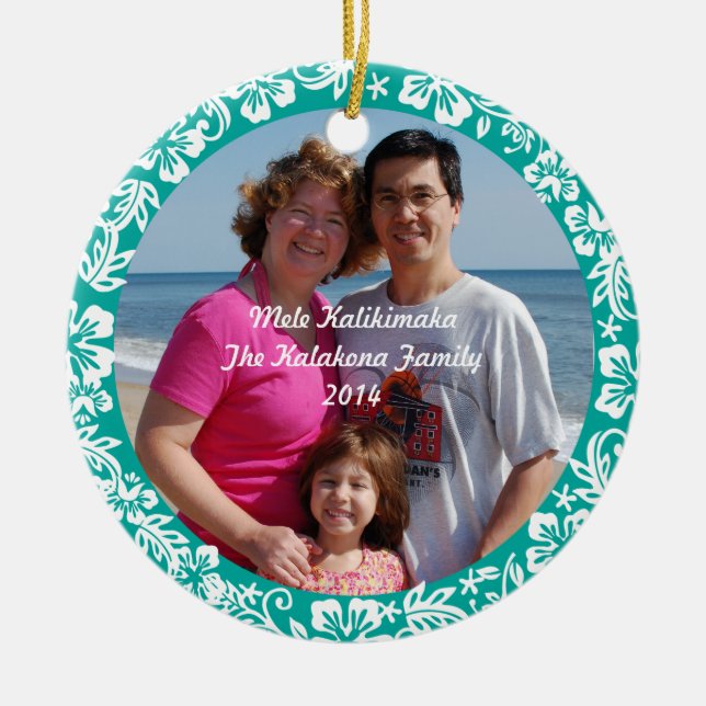 Teal Hawaiian Hibiscus Christmas Photo Ornament (Front)