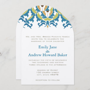 Teal Hazelnut Greenery Damask Wedding Invitation