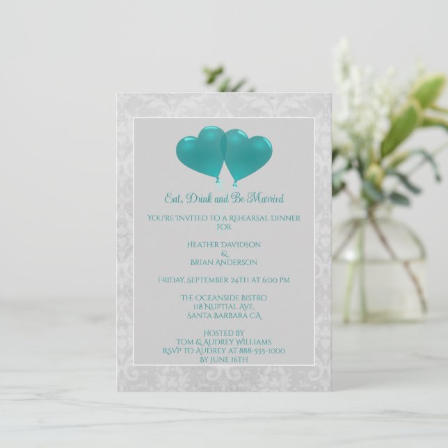 Teal Heart Balloons Rehearsal Dinner Invitation (Standing Front)