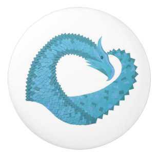 Teal heart dragon on white ceramic knob