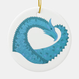 Teal heart dragon on white ceramic ornament