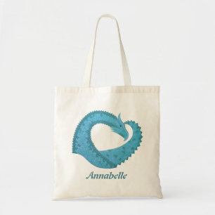 Teal heart dragon on white tote bag