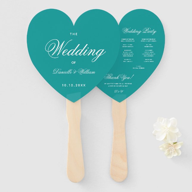 Teal Heart Elegant Script Blue Wedding Program Hand Fan (Front and Back)