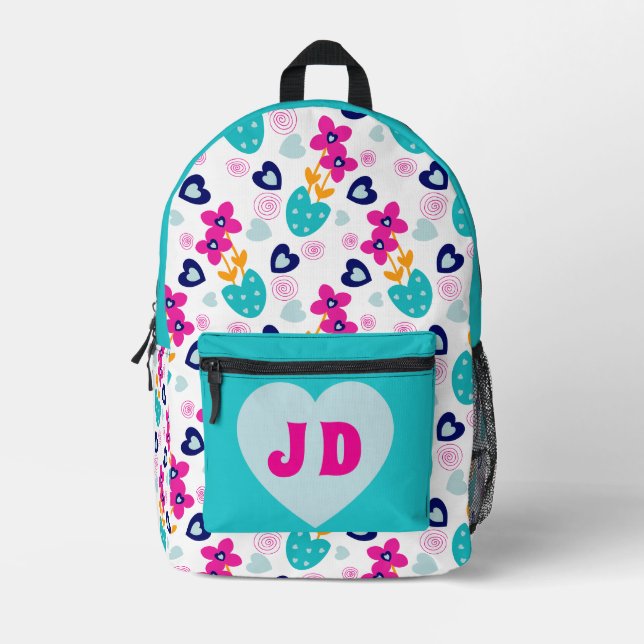 Teal Hearts And Flowers Backpack With Initials (Front)