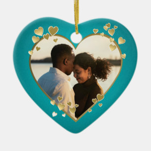 Teal Hearts and Ribbon Photo Ceramic Tree Decoration