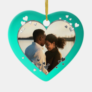 Teal Hearts and Ribbon Photo Ceramic Tree Decoration