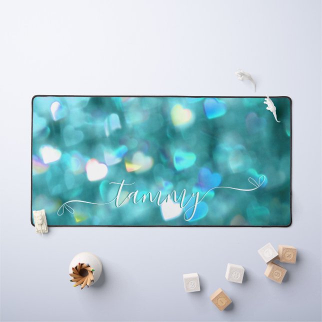 Teal Hearts Glitter Desk Mat (Kids Table)