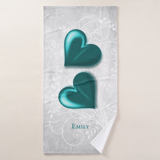Teal Hearts Personalised Bath Towel Set (Bath Towel)