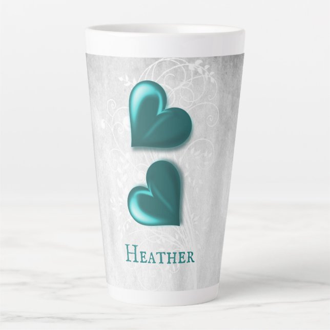 Teal Hearts Personalised Latte Mug (Front)