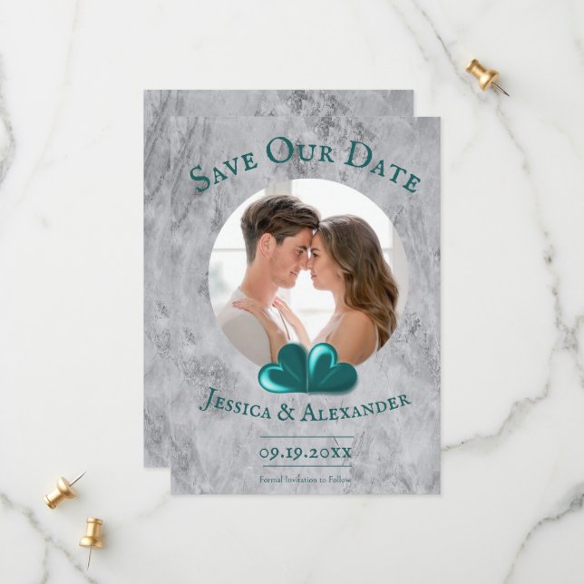 Teal Hearts Photo Save The Date (Front/Back In Situ)