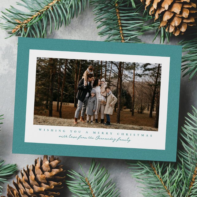 Teal herringbone tweed simple Christmas photo Holiday Card (Creator Uploaded)