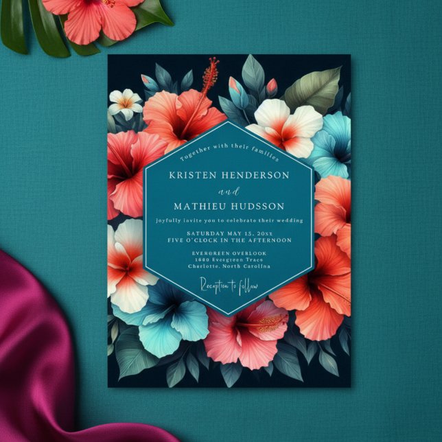 Teal Hibiscus Bloom Romance Wedding Invitation (Creator Uploaded)