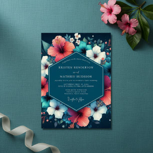 Teal Hibiscus Bloom Wedding Invitation