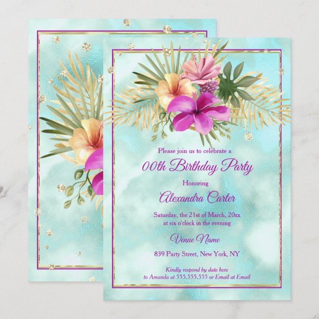 Teal Hibiscus Purple Pink marble Birthday Party Invitation (Front/Back)
