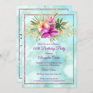 Teal Hibiscus Purple Pink marble Birthday Party Invitation