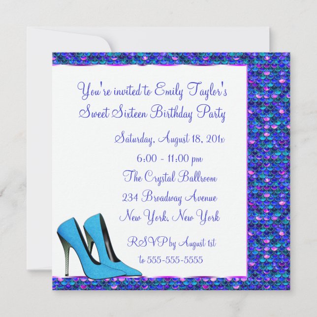 Teal High Heel Purple Sequin Sweet Sixteen Party Invitation (Front)