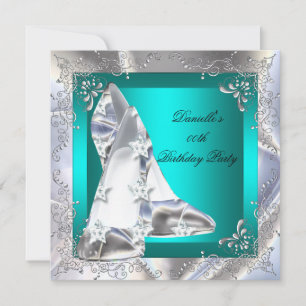 Teal High Heel Shoes Silver Birthday Party Invitation