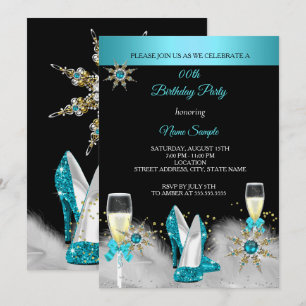 Teal High Heels Black Gold Champagne Party Invitation