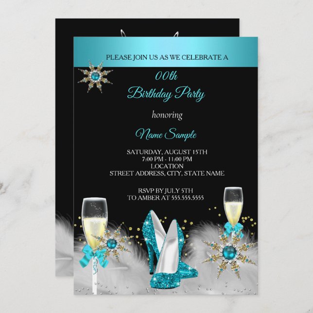 Teal High Heels Black Gold Champagne Party Invitation (Front/Back)