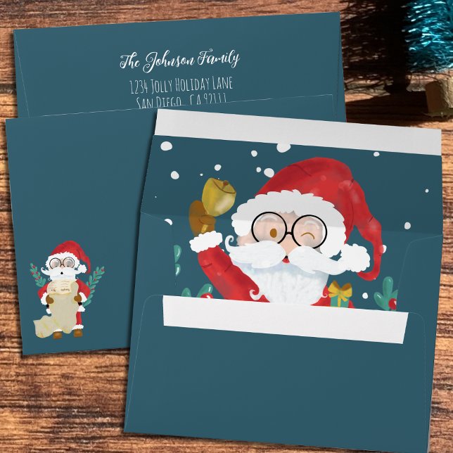 Teal Holiday Envelope with Cute Santa (Festive Christmas teal envelope featuring watercolor Santa Claus .)