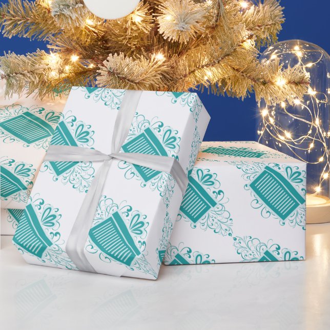Teal Holiday Swirls Present Wrapping Paper (Holidays)
