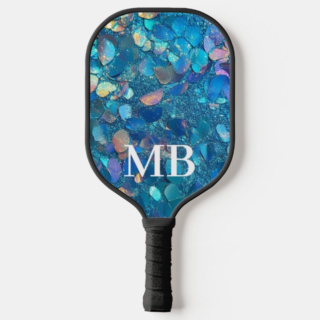 Teal Holographic Glitter Sparkle Glam Monogram Pickleball Paddle (Back)