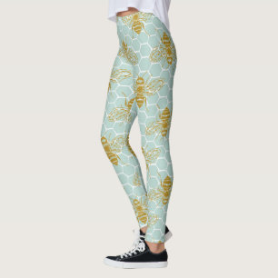 Teal Honeycomb Golden Bees Leggings