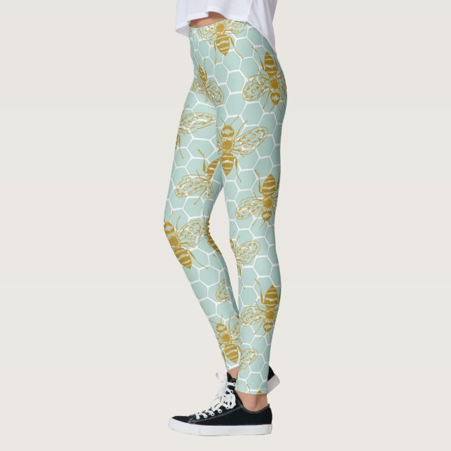 Teal Honeycomb Golden Bees Leggings (Left)