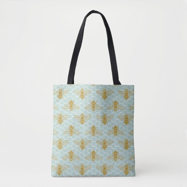 Teal Honeycomb Golden Bees Tote Bag (Front)