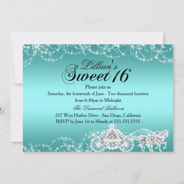 Teal Horse & Carriage Princess Sweet 16 Invite (Front)