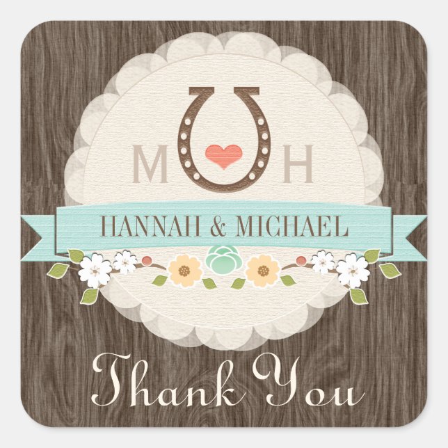 TEAL HORSESHOE HEART WESTERN WEDDING THANK YOU SQUARE STICKER (Front)