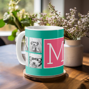 Teal & Hot Pink Instagram 8 Photo Collage Monogram Coffee Mug