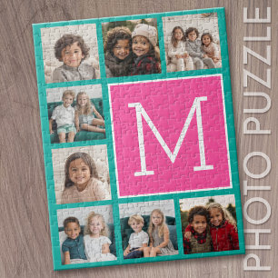 Teal & Hot Pink Instagram 8 Photo Collage Monogram Jigsaw Puzzle