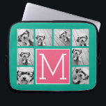 Teal & Hot Pink Instagram 8 Photo Collage Monogram Laptop Sleeve<br><div class="desc">Vibrant Turquoise Green and a Magenta Pink Background - You can use square or selfie photos for this design. Use eight square photos to create a unique and personal gift. Or you can keep the hipster puppy and make a trendy keepsake. If you need to adjust the pictures, click on...</div>