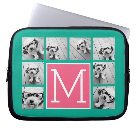 Teal & Hot Pink Instagram 8 Photo Collage Monogram Laptop Sleeve