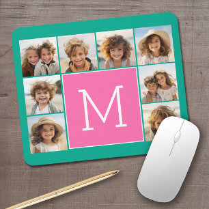 Teal & Hot Pink Instagram 8 Photo Collage Monogram Mouse Pad
