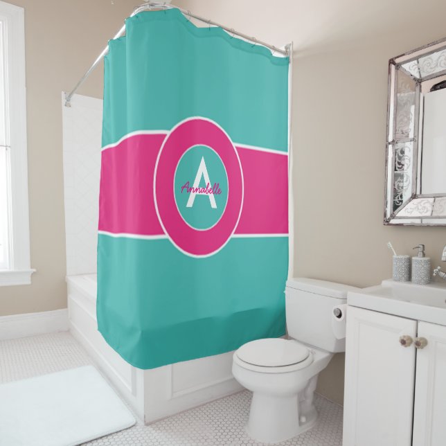 Teal Hot Pink Monogram Personalised Shower Curtain (In Situ)