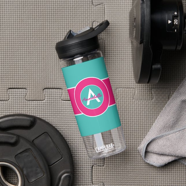Teal Hot Pink Monogram Personalised Water Bottle (Gym)