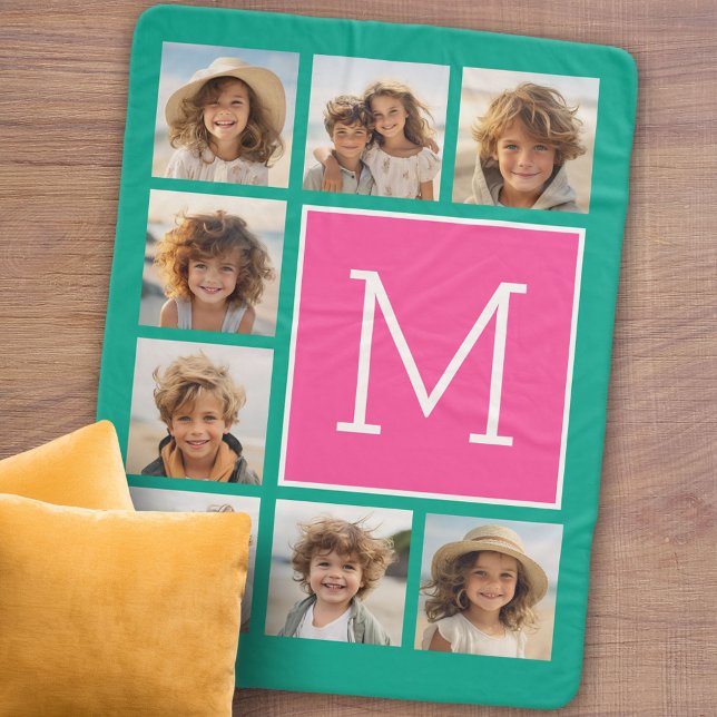 Teal & Hot Pink Square 8 Photo Collage Monogram Sherpa Blanket (Personalized sherpa blanket with photos and text)