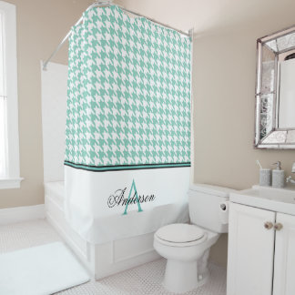 Teal Houndstooth Monogram   Shower Curtain