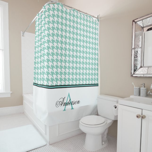 Teal Houndstooth Monogram   Shower Curtain (In Situ)